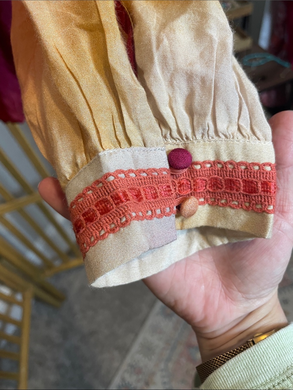 Conditions Apply Tie-Neck Ombre Peasant Blouse in Warm Sunset Colors - Picture 6 of 8